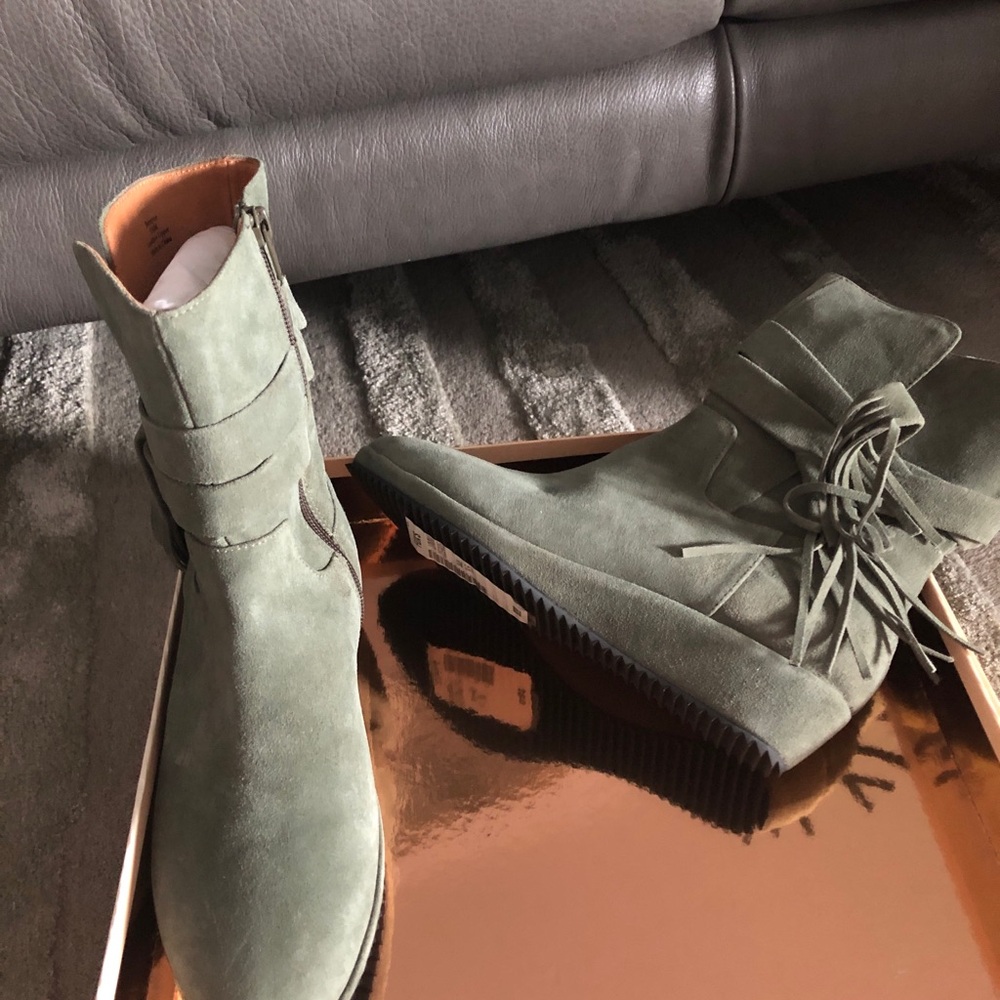 Fringed Suede Ankle Boots in Sage Green